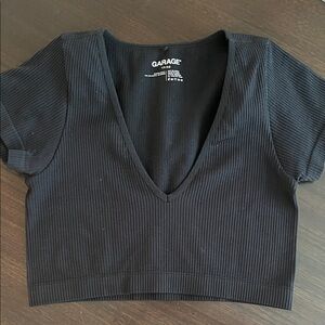 Garage Deep V-Neck Black Crop Top